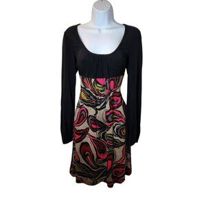 Trina Turk Silk Dress Size 4 Black Multicolor Abstract Long Sleeve‎ Lined USA